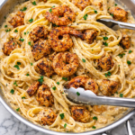Cajun cottage cheese Alfredo pasta with blackened shrimp and chicken in a creamy high protein Alfredo sauce in a stainless steel skillet on marble countertop