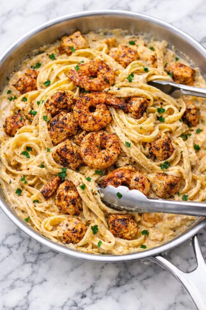 Cajun cottage cheese Alfredo pasta with blackened shrimp and chicken in a creamy high protein Alfredo sauce in a stainless steel skillet on marble countertop