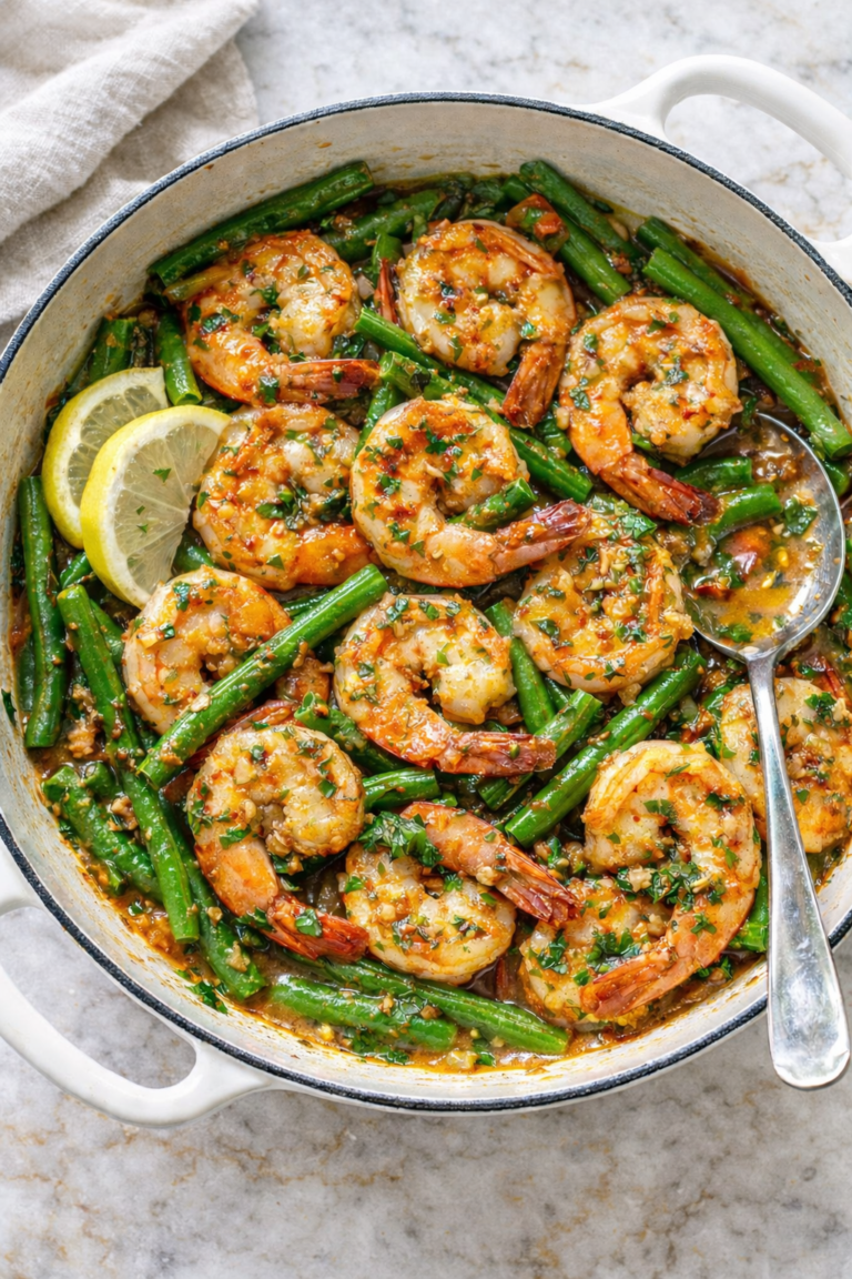 Calabrian chili garlic butter shrimp and green bean stir fry in a white enameled cast iron pot on a white marble countertop