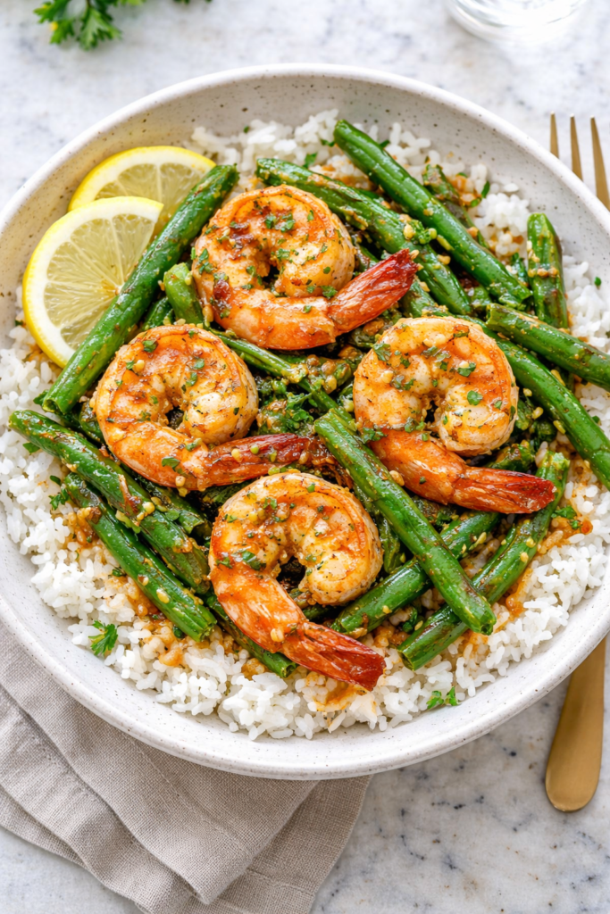 Calabrian chili garlic butter shrimp and green beans served over white rice in a bowl on a marble countertop