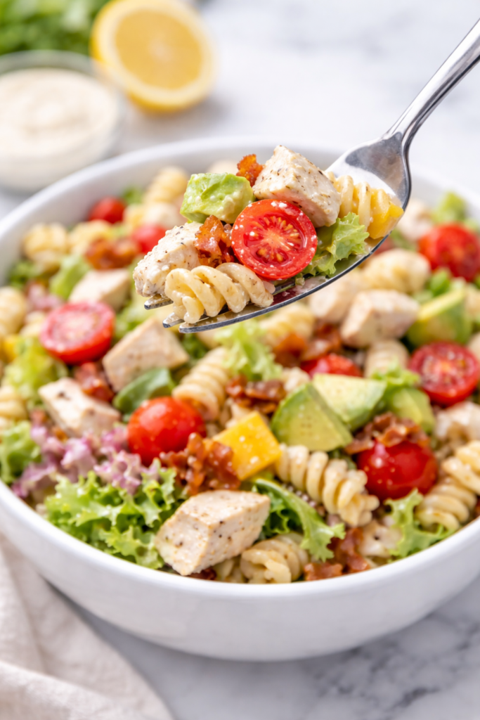 fork scooping california chicken club pasta salad with chicken bacon avocado and tomatoes from white bowl on marble counter
