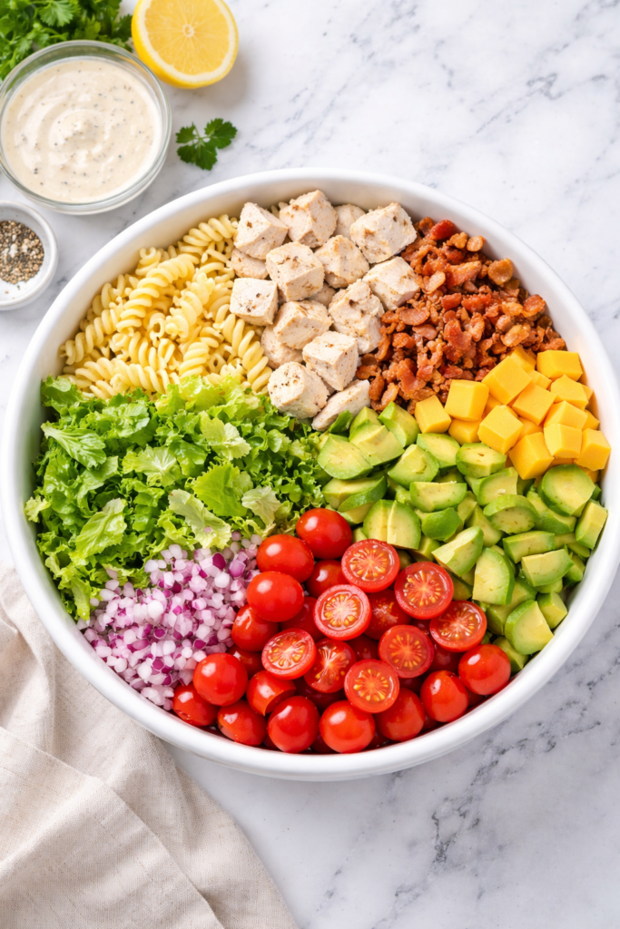 California chicken club pasta salad ingredients in a white bowl before mixing with chicken, bacon, avocado, tomatoes, lettuce, cheese, and pasta on marble counter