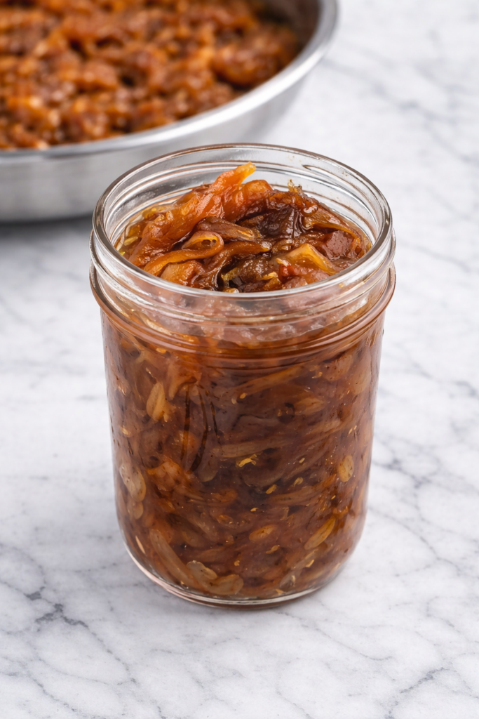 Jar of golden brown caramelized onions on a marble countertop with a skillet of onions in the background