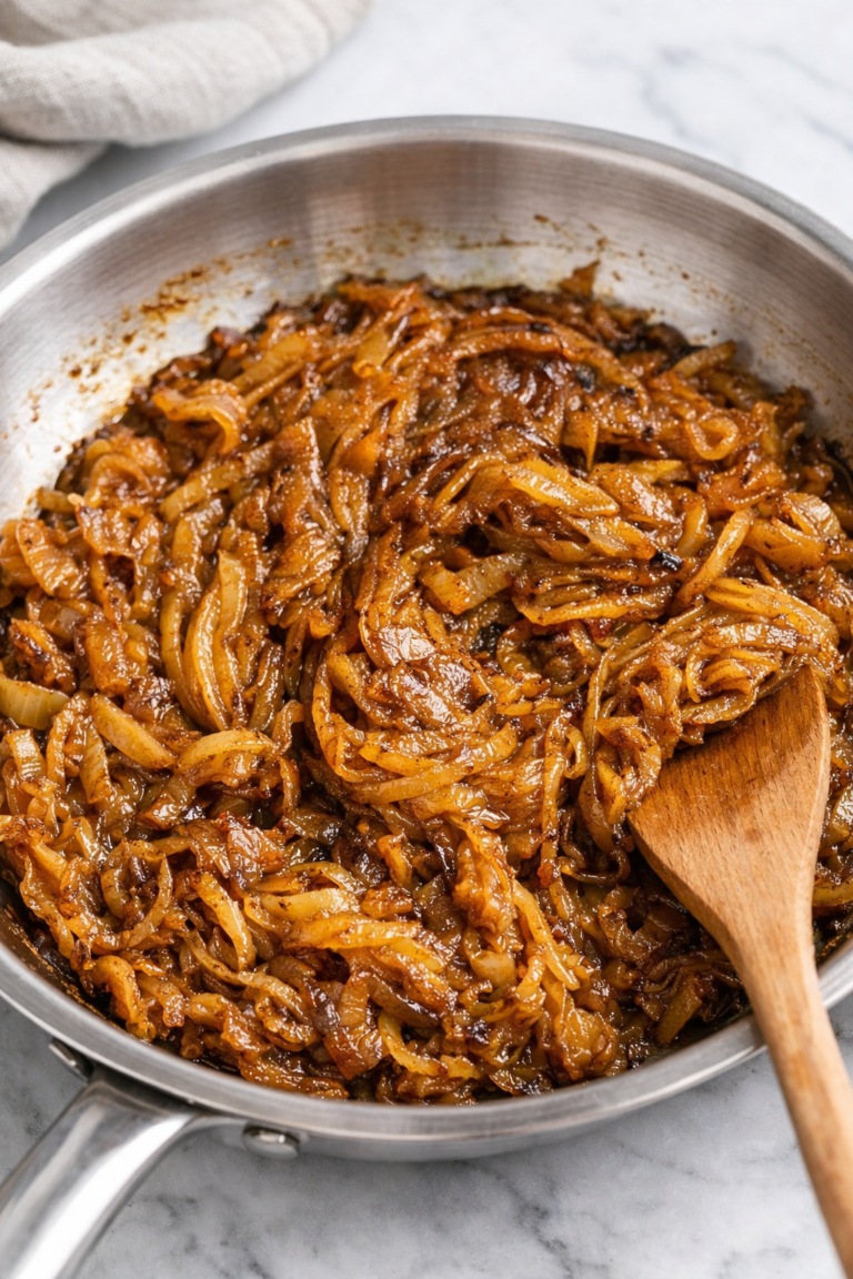 Golden brown caramelized onions cooking in a stainless steel skillet on a marble countertop with a wooden spoon