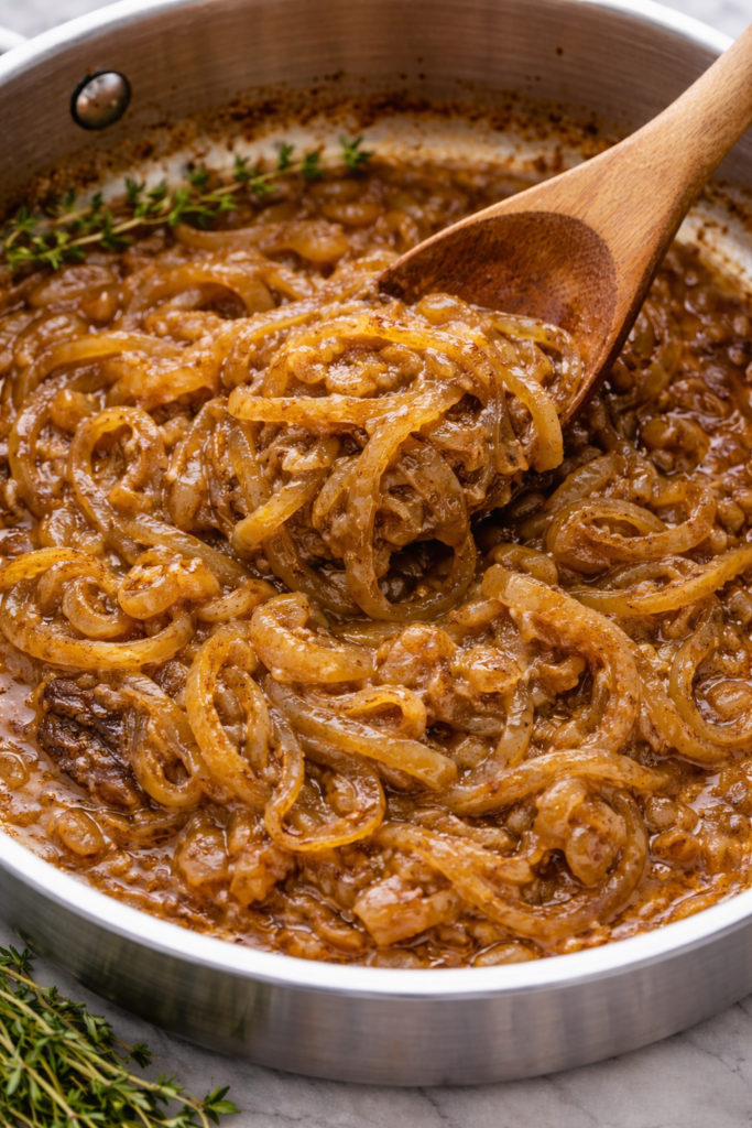 caramelized onions cooking in stainless steel skillet with wooden spoon during french onion pasta recipe