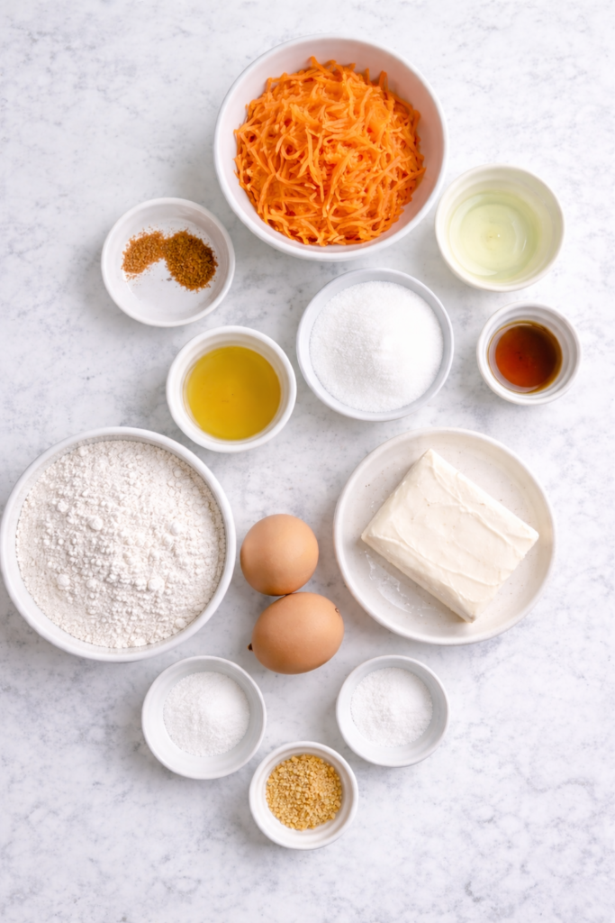 Flat lay of carrot cake cheesecake bar ingredients including grated carrots, cream cheese, eggs, flour, sugar, spices, oil, and vanilla on a marble countertop