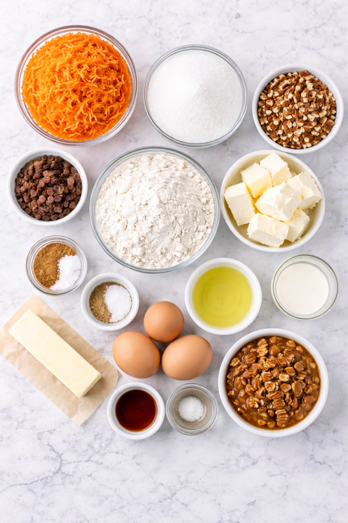 Flat lay of carrot cake cupcake ingredients on a white marble counter, including shredded carrots, flour, sugar, pecans, raisins, eggs, butter, oil, cream, vanilla, and spices.