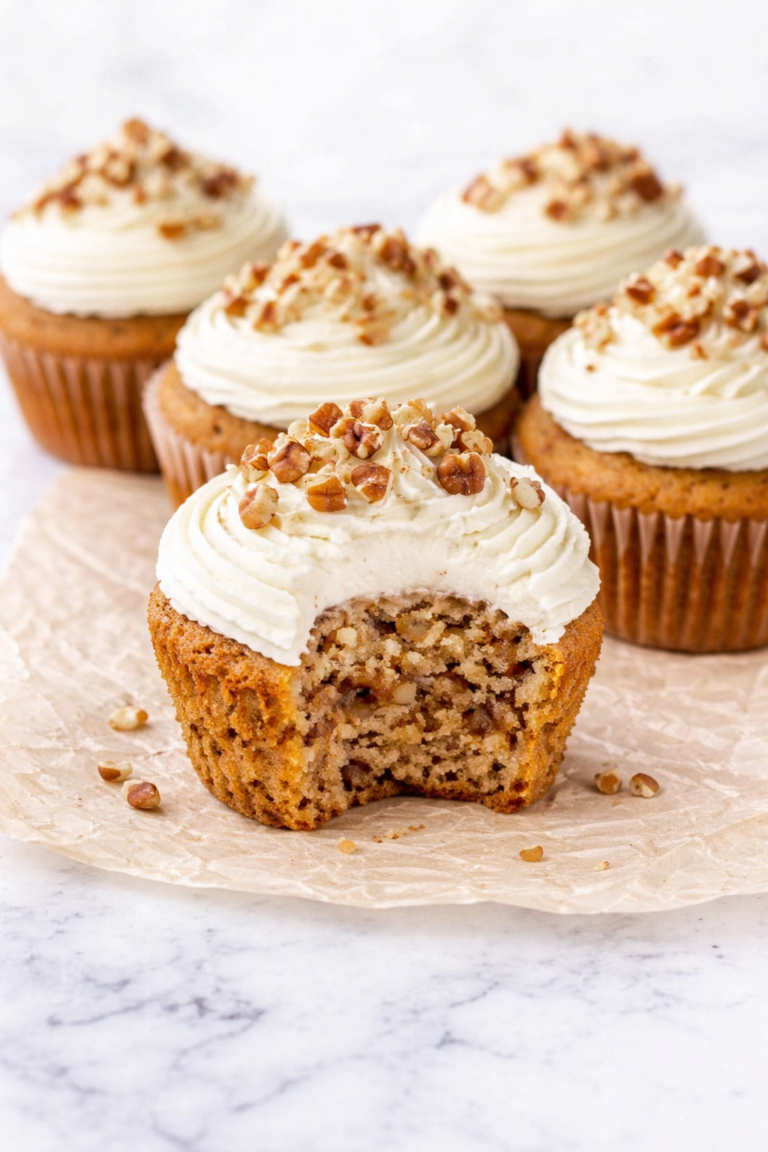 Carrot cake cupcakes with cream cheese frosting and chopped pecans on top, with one cupcake bitten open on wrinkled parchment paper over a white marble counter.