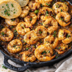 Cast iron skillet filled with smoky chipotle garlic herb shrimp cooked in buttery sauce with green onions and toasted bread.