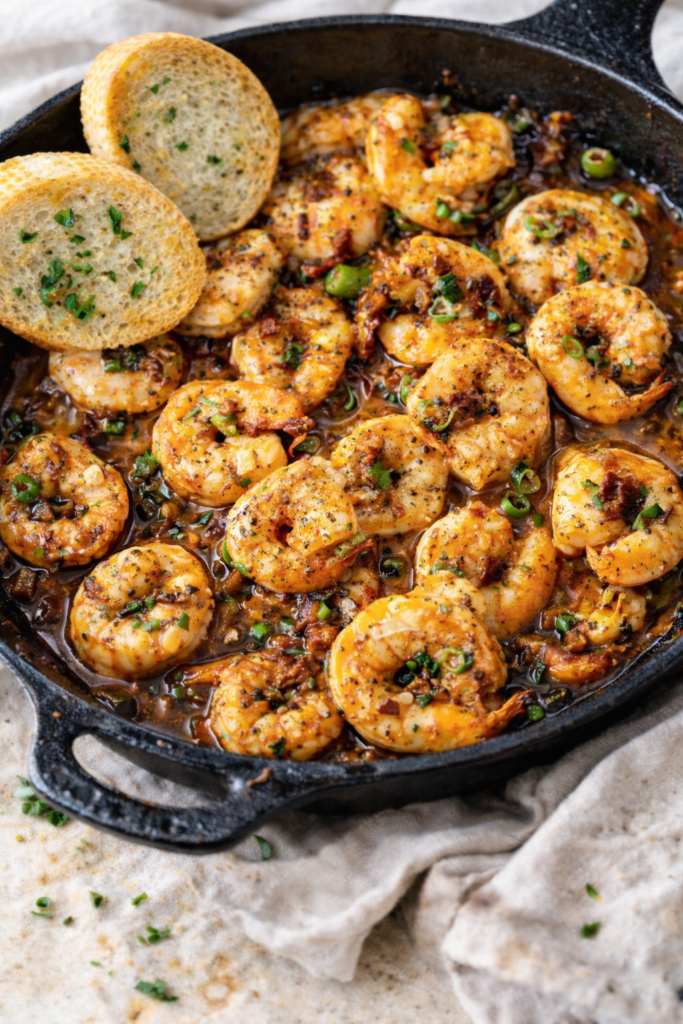Cast iron skillet filled with smoky chipotle garlic herb shrimp cooked in buttery sauce with green onions and toasted bread.