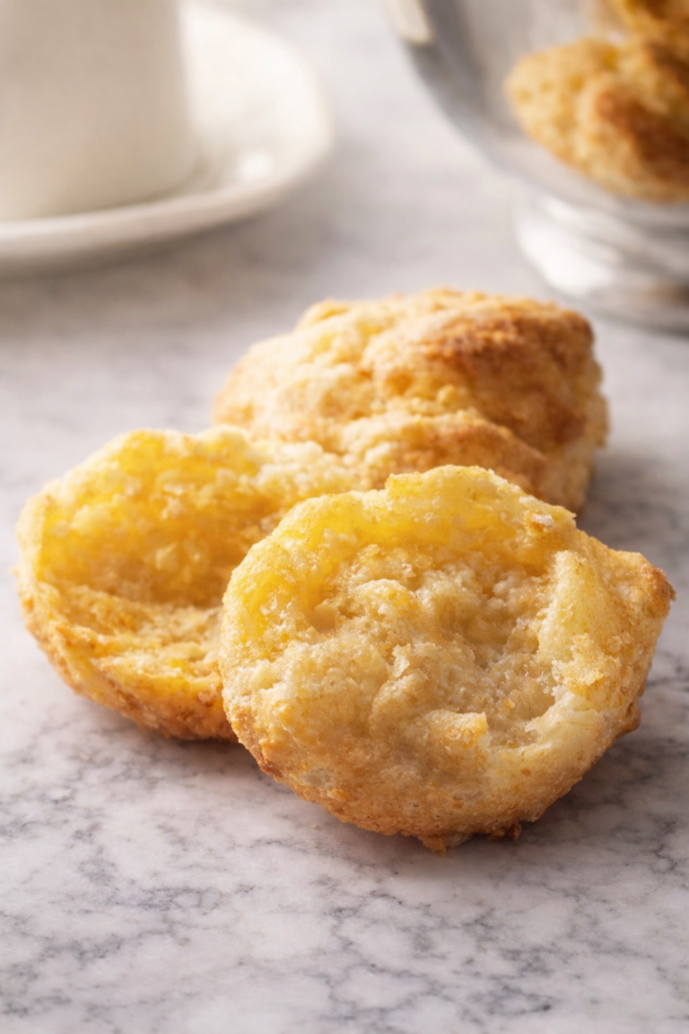 golden homemade cheddar biscuits cut open on a white marble countertop with melted butter inside