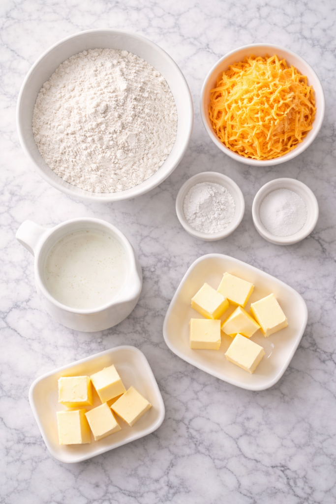 flat lay of cheddar biscuit ingredients including flour, shredded cheddar cheese, butter, buttermilk, baking powder, baking soda, and salt on a white marble countertop
