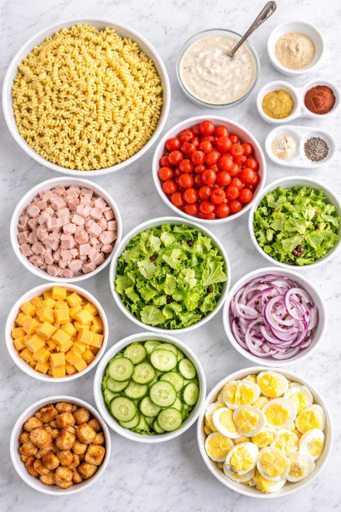 flat lay of chef salad pasta salad ingredients including rotini pasta ham turkey cheese eggs cucumber tomatoes and creamy dressing on marble counter