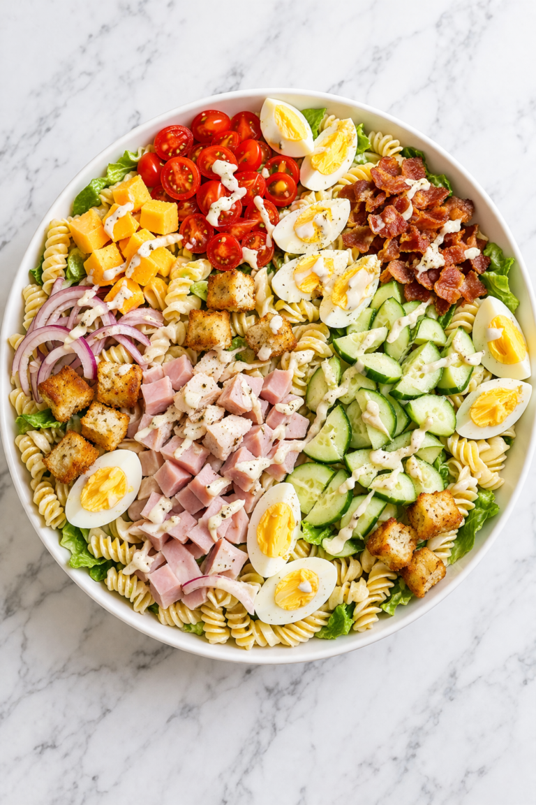 chef salad pasta salad with rotini ham turkey cheese eggs cucumber and creamy dressing in white bowl on marble counter
