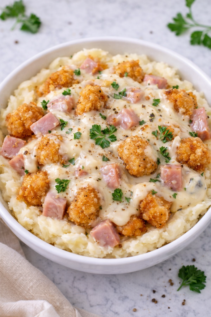 chicken cordon bleu mashed potato bowl with popcorn chicken ham swiss cheese and creamy dijon sauce