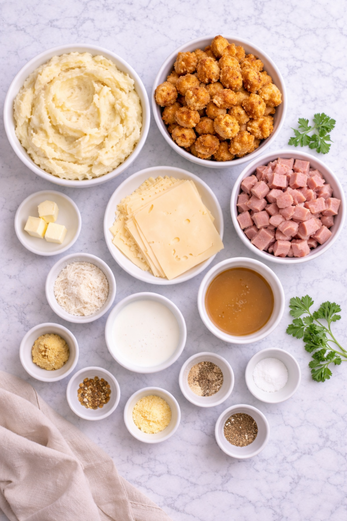 flat lay of ingredients for chicken cordon bleu mashed potato bowls on marble counter