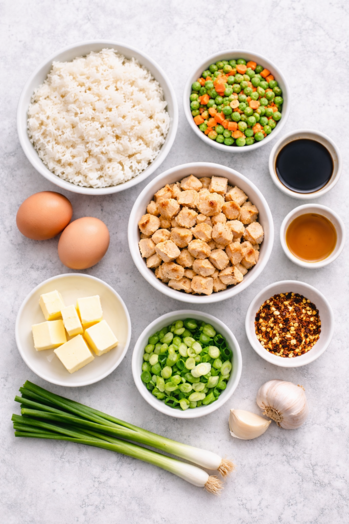 Flat lay of ingredients for chicken fried rice including cooked rice, diced chicken, eggs, peas and carrots, soy sauce, sesame oil, butter, green onions, garlic, and chili flakes on a marble surface.