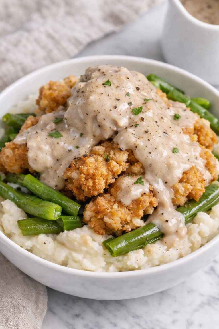 Chicken fried steak mashed potato bowl with green beans and pepper gravy in a white bowl on a marble countertop