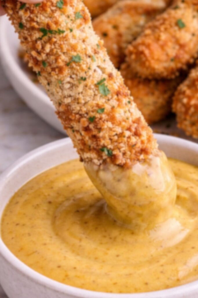 crispy homemade chicken fry dipped in creamy honey mustard sauce