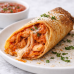 Chicken parmesan egg roll sliced open with melted mozzarella and marinara sauce dripping out on a white plate