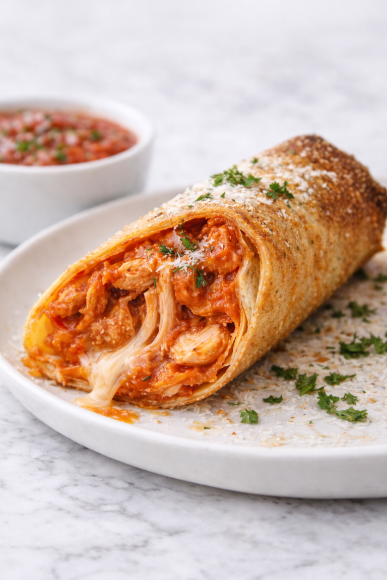 Chicken parmesan egg roll sliced open with melted mozzarella and marinara sauce dripping out on a white plate