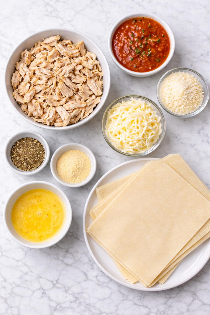 Flat lay of ingredients for chicken parmesan egg rolls including shredded chicken, marinara sauce, mozzarella, parmesan, egg roll wrappers, egg wash, and Italian seasoning