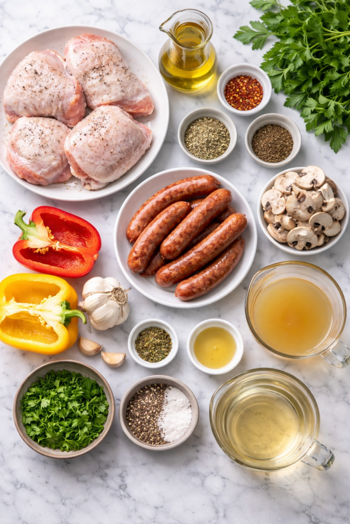 Flat lay of chicken scarpariello ingredients including chicken thighs, Italian sausage, bell peppers, garlic, mushrooms, herbs, and seasonings on a marble countertop