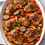 Rustic chicken scarpariello with crispy chicken thighs, Italian sausage, peppers, and mushrooms in a tangy garlic sauce on a marble countertop