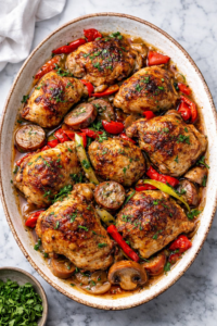 Rustic chicken scarpariello with crispy chicken thighs, Italian sausage, peppers, and mushrooms in a tangy garlic sauce on a marble countertop
