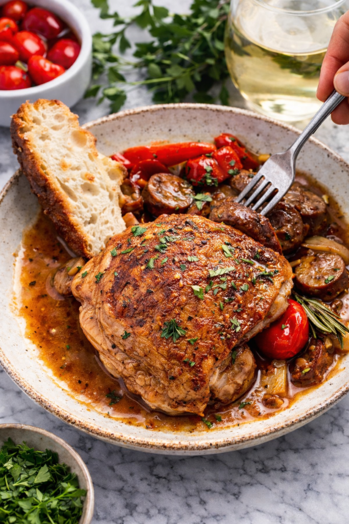 Rustic chicken scarpariello with crispy chicken thigh, Italian sausage, peppers, and garlic sauce served on a simple stoneware plate on a marble countertop