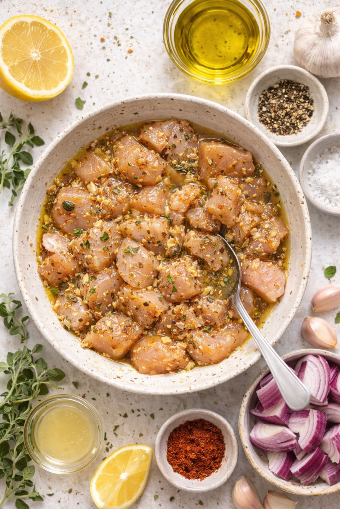 Raw chicken cubes marinating in a garlic lemon oregano marinade for sheet pan chicken souvlaki