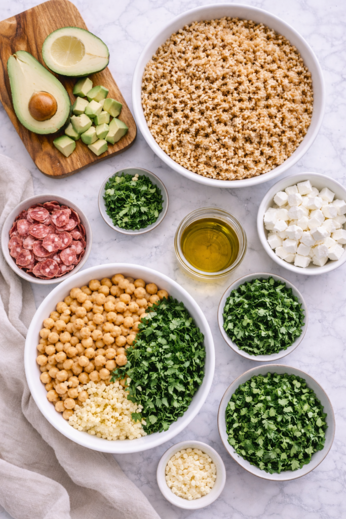 flat lay of ingredients for chickpea farro salad including farro chickpeas feta avocado salami herbs garlic and olive oil on a marble countertop