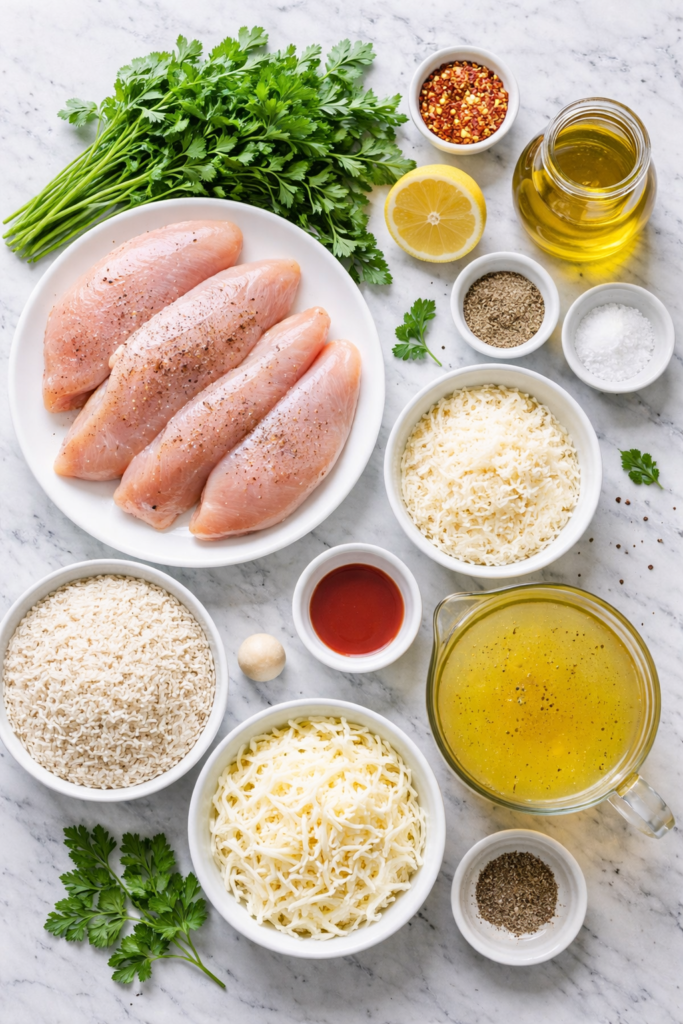 flat lay of chimichurri chicken casserole ingredients including chicken breasts, rice, parsley, garlic, olive oil, broth, and cheese on a marble counter