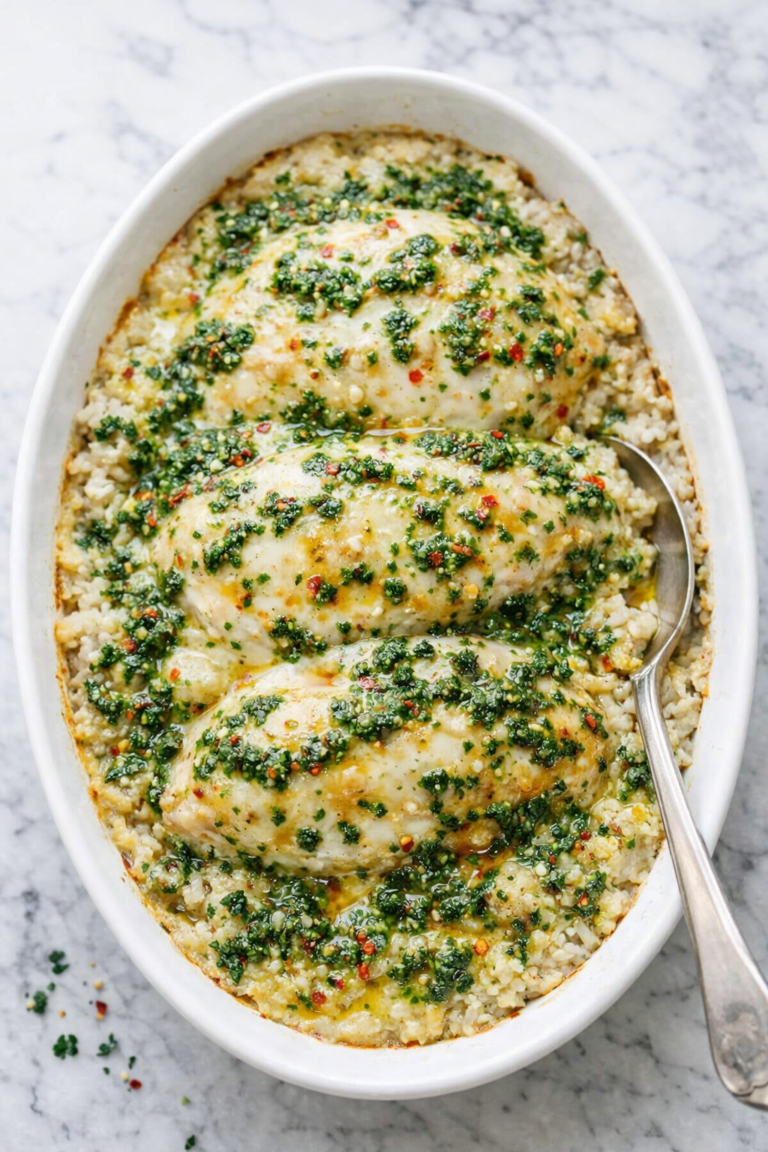 chimichurri chicken casserole with melted cheese, rice, and parsley chimichurri sauce in a white baking dish on a marble counter