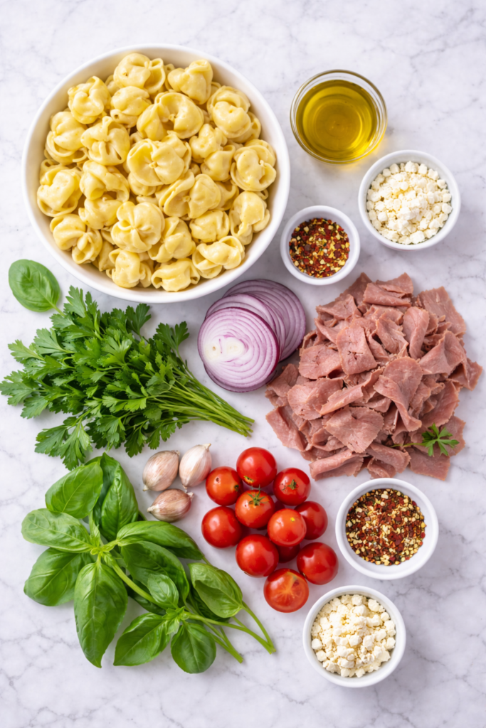 flat lay of ingredients for chimichurri roast beef tortellini pasta salad on marble surface