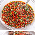 chimichurri rojo in bowl being spooned over sliced steak on white plate
