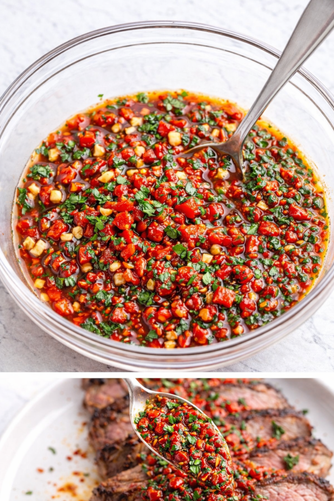 chimichurri rojo in bowl being spooned over sliced steak on white plate