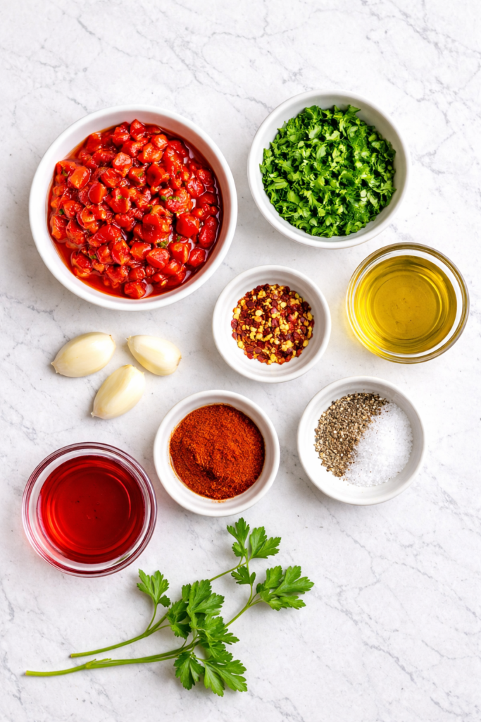 chimichurri rojo ingredients flat lay with roasted red peppers parsley garlic olive oil and spices