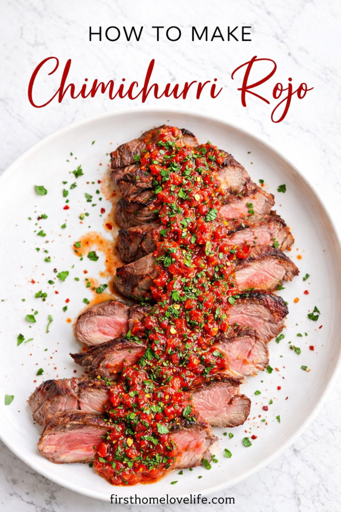 chimichurri rojo sauce over sliced steak on white plate with parsley and red pepper flakes