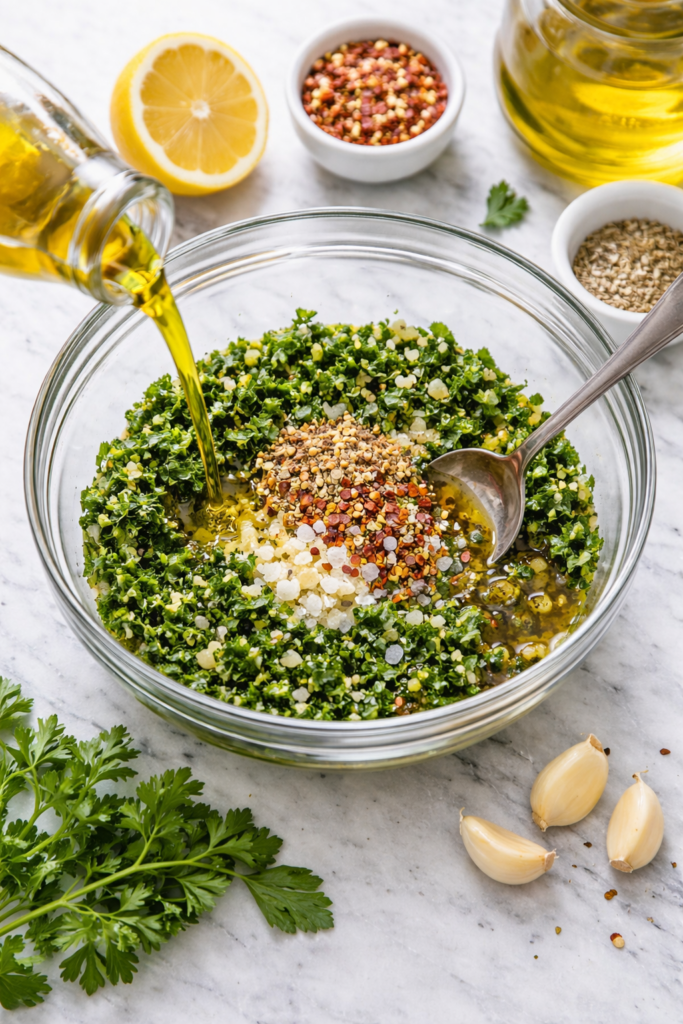 chimichurri sauce being made with chopped parsley, garlic, red pepper flakes, and olive oil pouring into a glass bowl on a marble counter