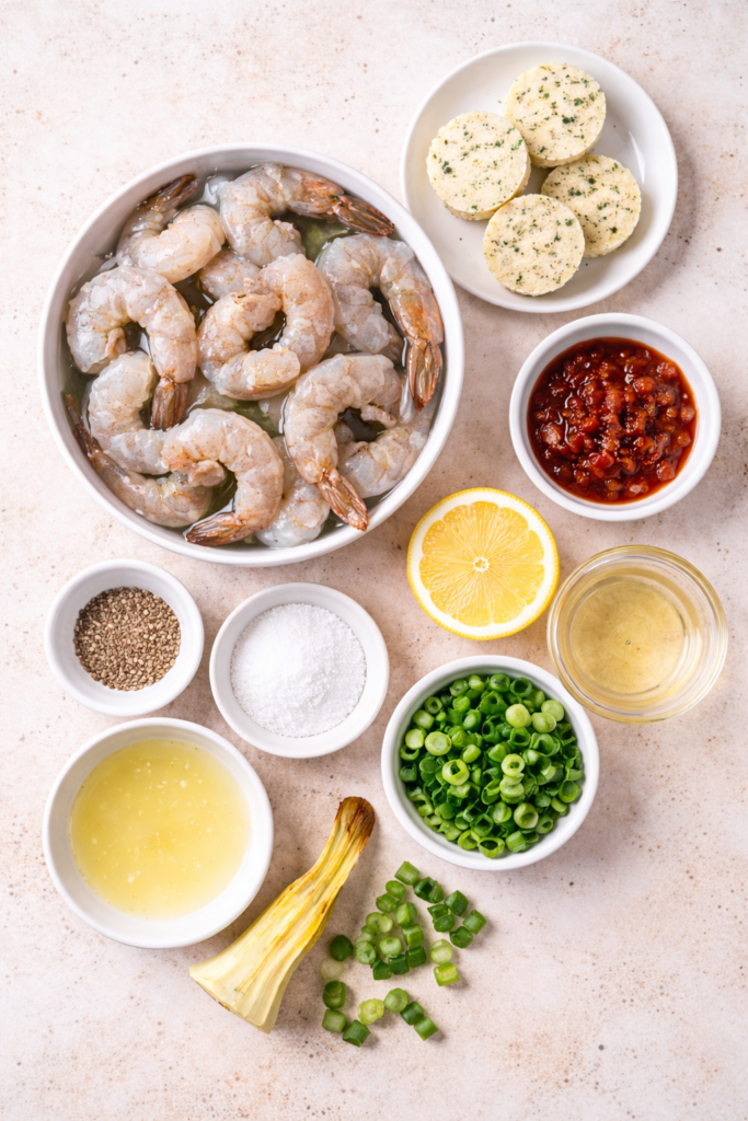 Flat lay of shrimp recipe ingredients including raw shrimp, garlic herb butter, chipotle peppers in adobo, lemon, white wine, green onions, salt, and black pepper on a light neutral surface.