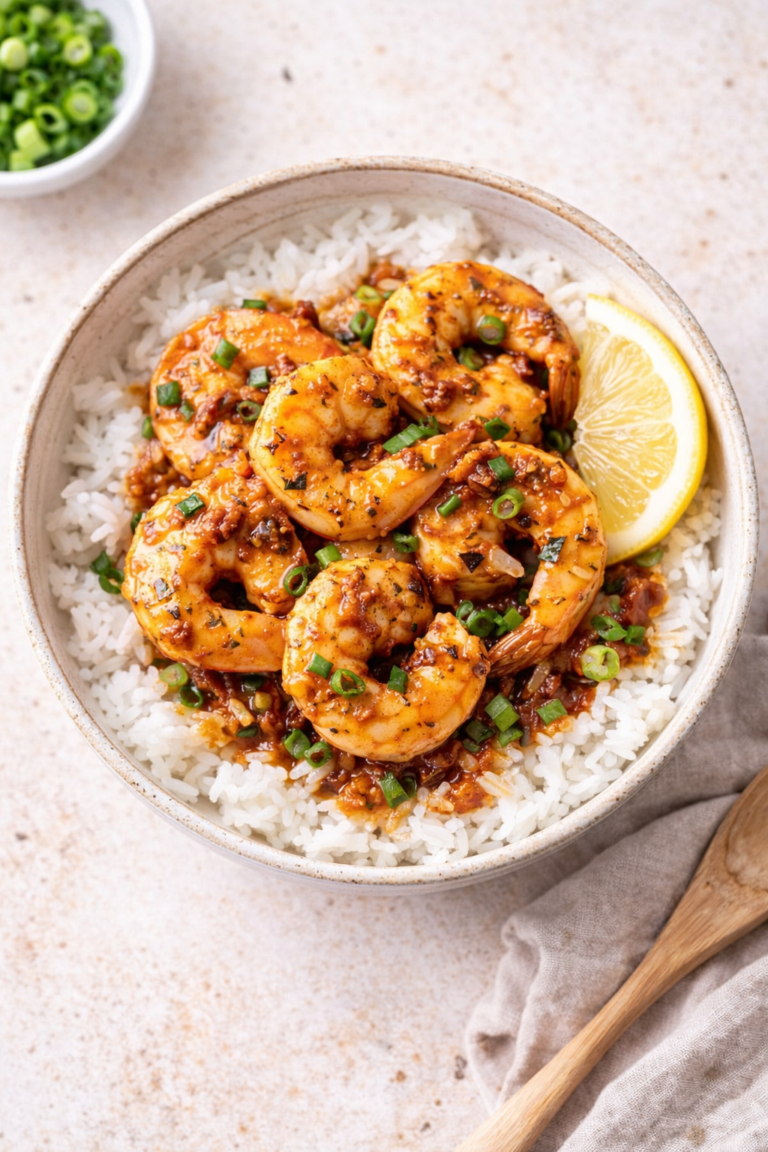 Rice bowl topped with chipotle garlic herb shrimp in a buttery sauce, garnished with green onions and served with a lemon wedge.