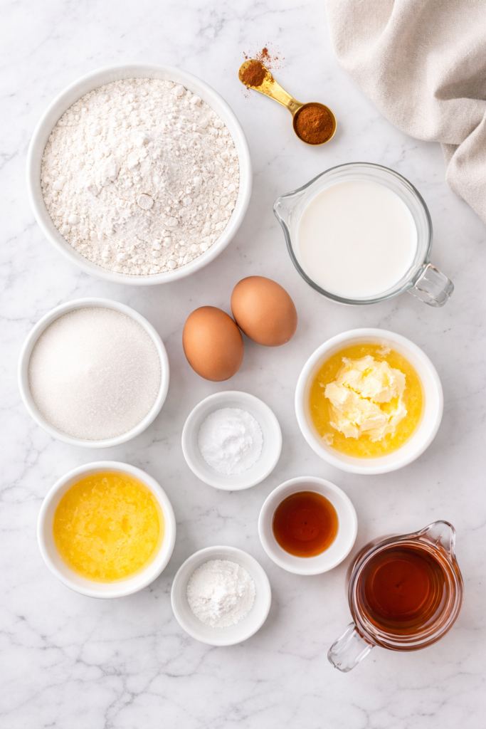 Flat lay of ingredients for cinnamon sugar French toast muffins including flour, eggs, milk, butter, sugar, cinnamon, vanilla, and maple syrup on a marble counter