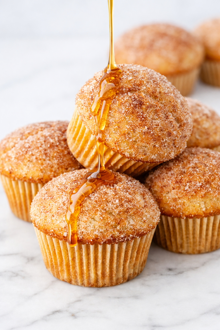 Cinnamon sugar French toast muffins with a maple syrup drizzle on top on a marble counter