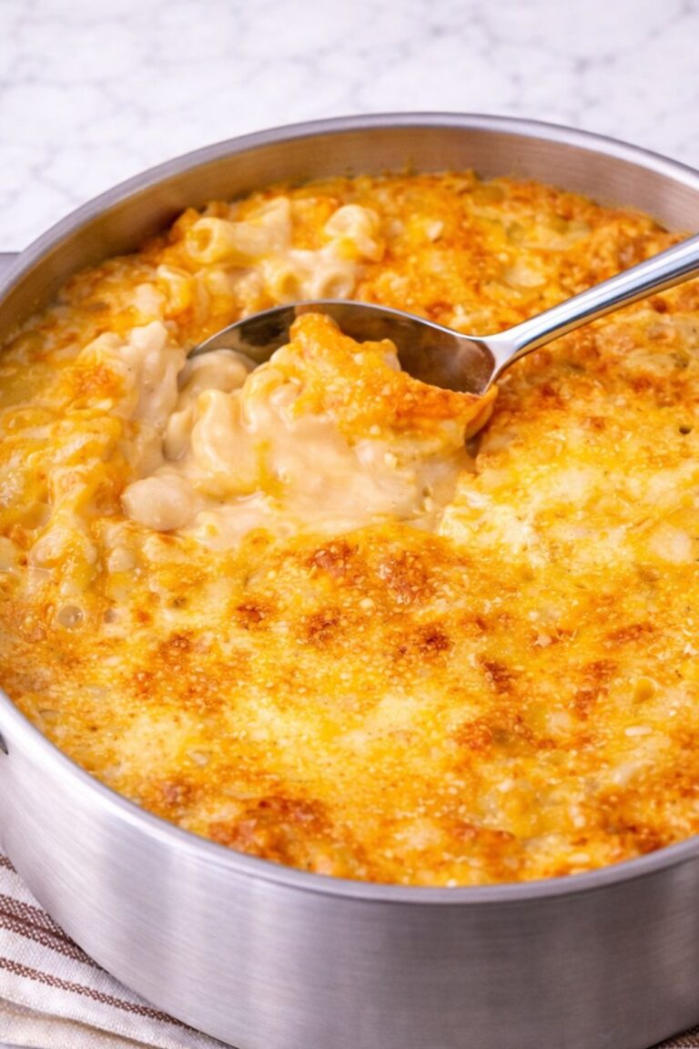creamy baked mac and cheese with golden bubbly cheese crust in stainless steel pan