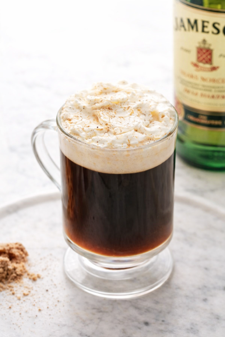 Glass mug of homemade Irish coffee topped with whipped cream on a marble countertop with Irish whiskey in the background