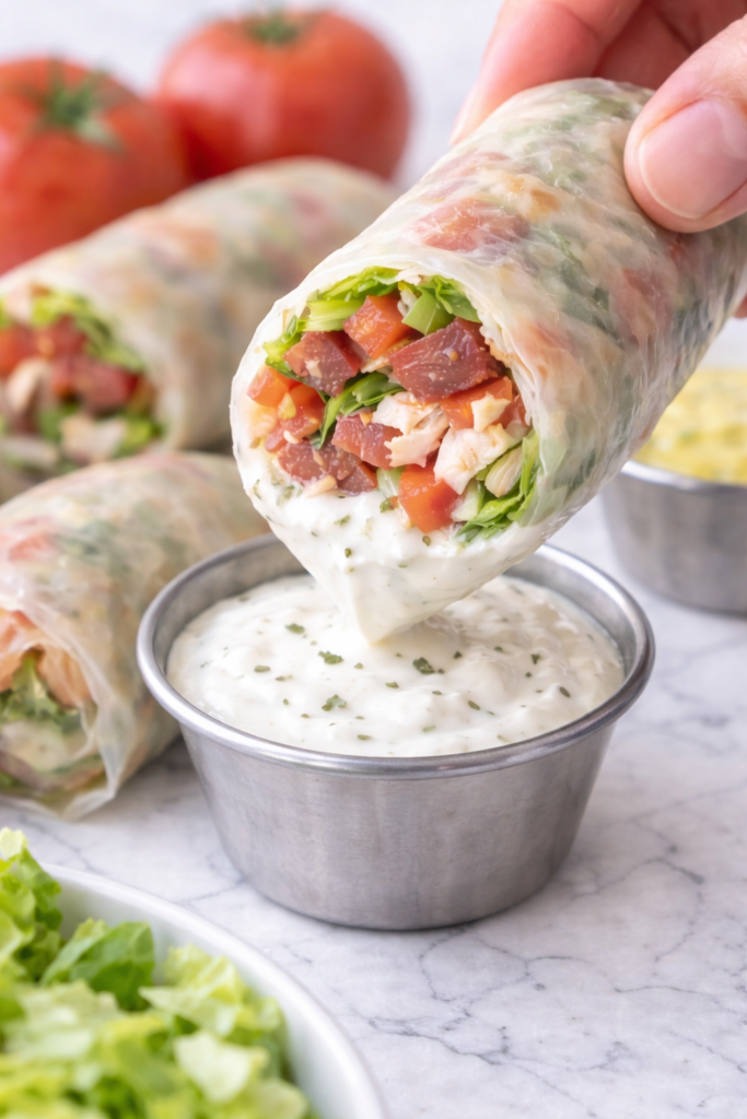 club sandwich rice paper spring roll dipped in ranch dressing with turkey bacon lettuce and tomato filling