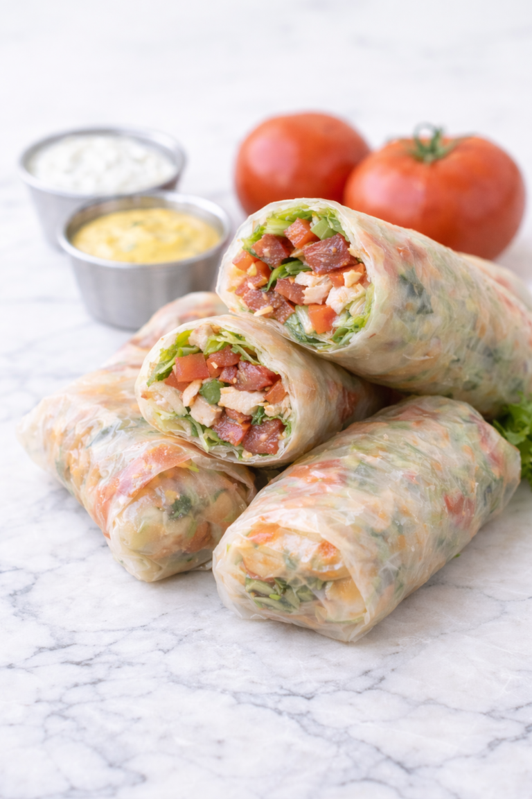 fresh club sandwich rice paper spring rolls with turkey bacon lettuce and tomato on white marble background