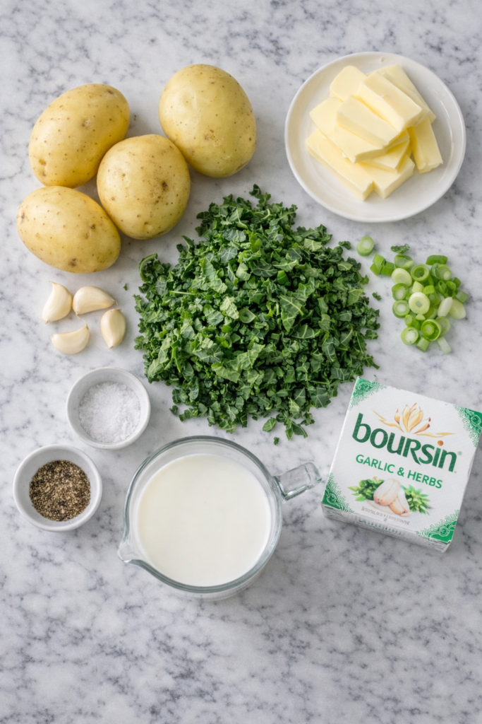 Flat lay of colcannon ingredients including Yukon gold potatoes, chopped kale, Boursin cheese, butter, milk, garlic, and green onions on a marble countertop