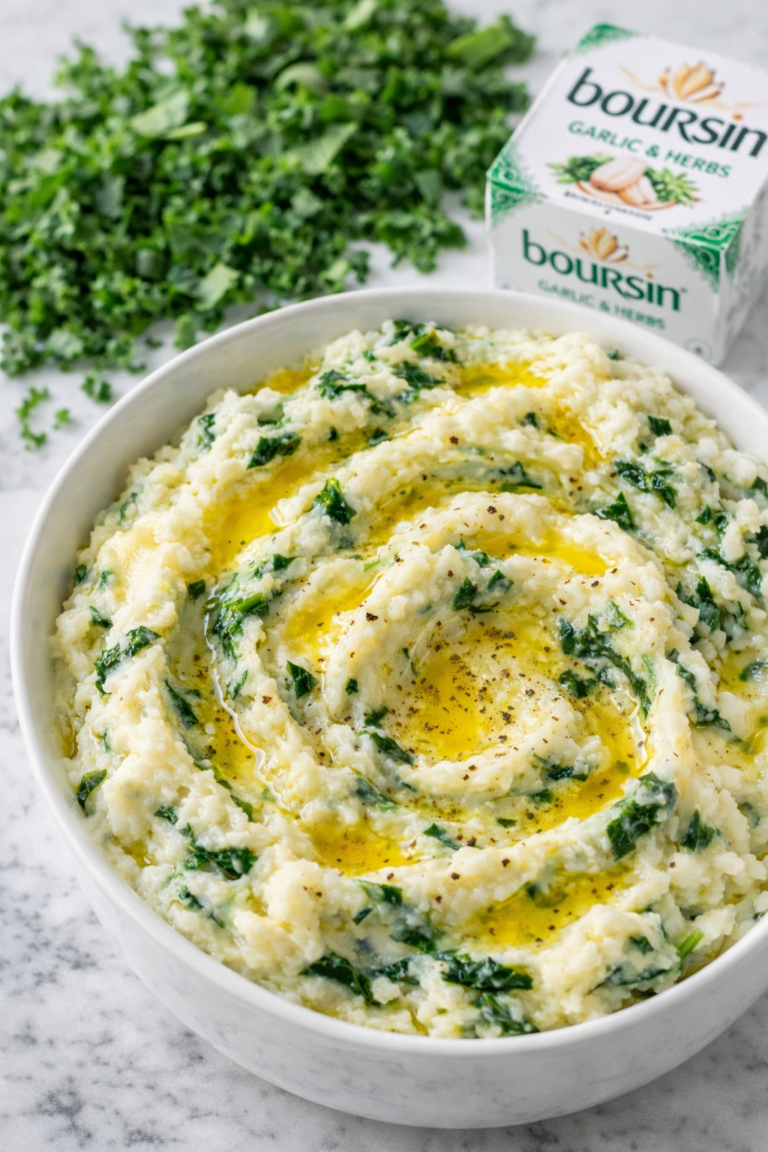 Creamy Irish colcannon with kale and Boursin cheese topped with melted butter in a white bowl on a marble counter